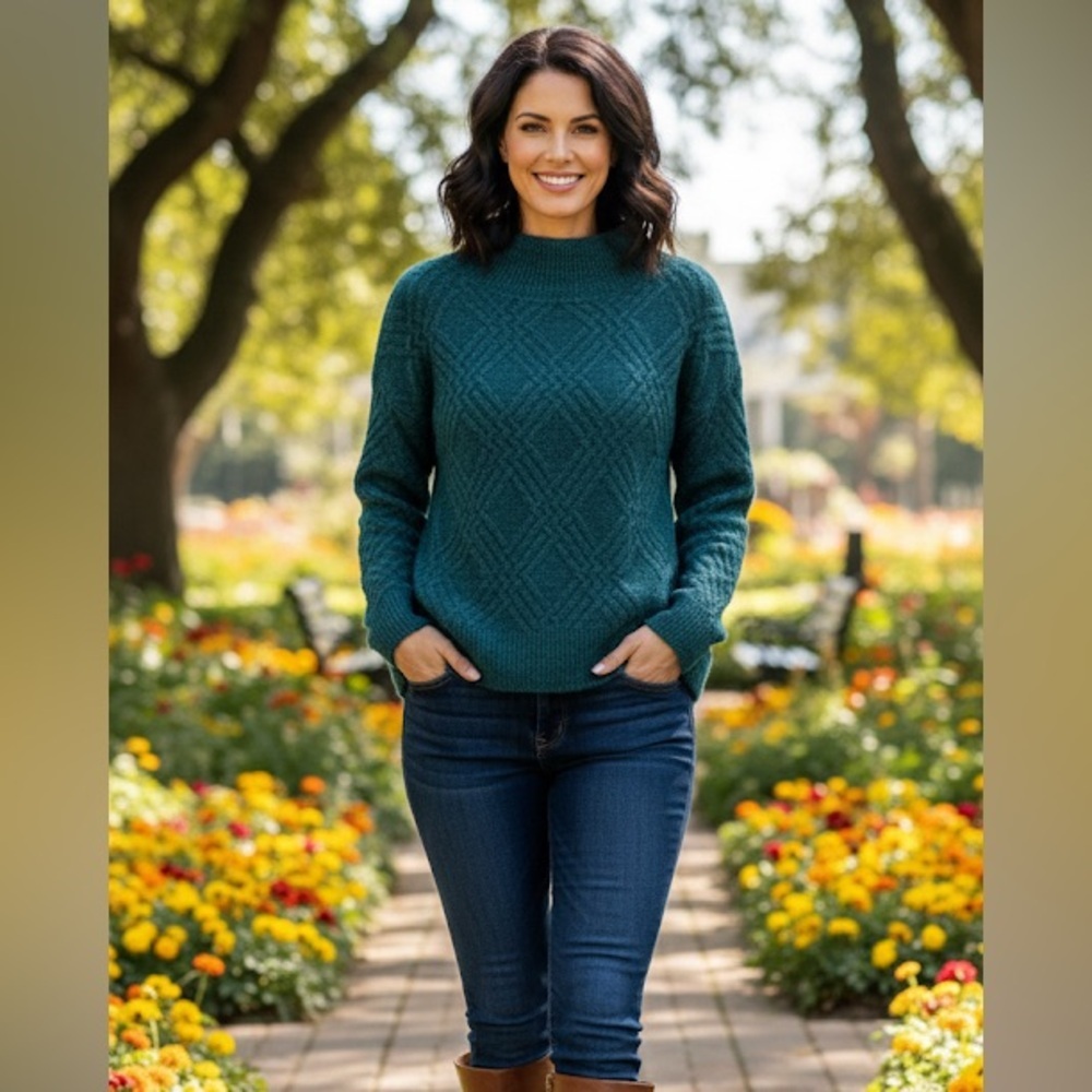 Soft Surroundings wool blend teal mock neck boxy bell sleeve sweater size small